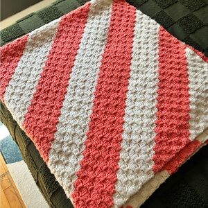 Handmade Coral and Cream Striped Crochet Blanket